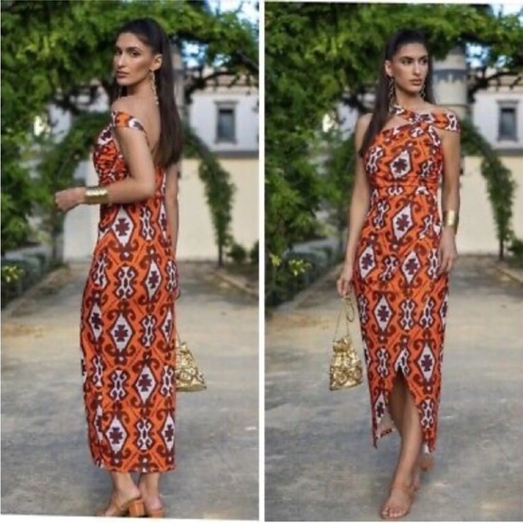 ZARA MULTICOLOURED PRINTED DRESS WITH ASYMMETRIC HEM Orange - Picture 2 of 4